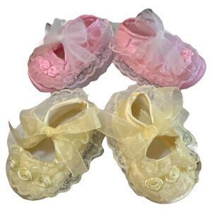 2 Pr Pink & Yellow Lace Satin Soft Baby Crib Christening Baptism Easter Shoes